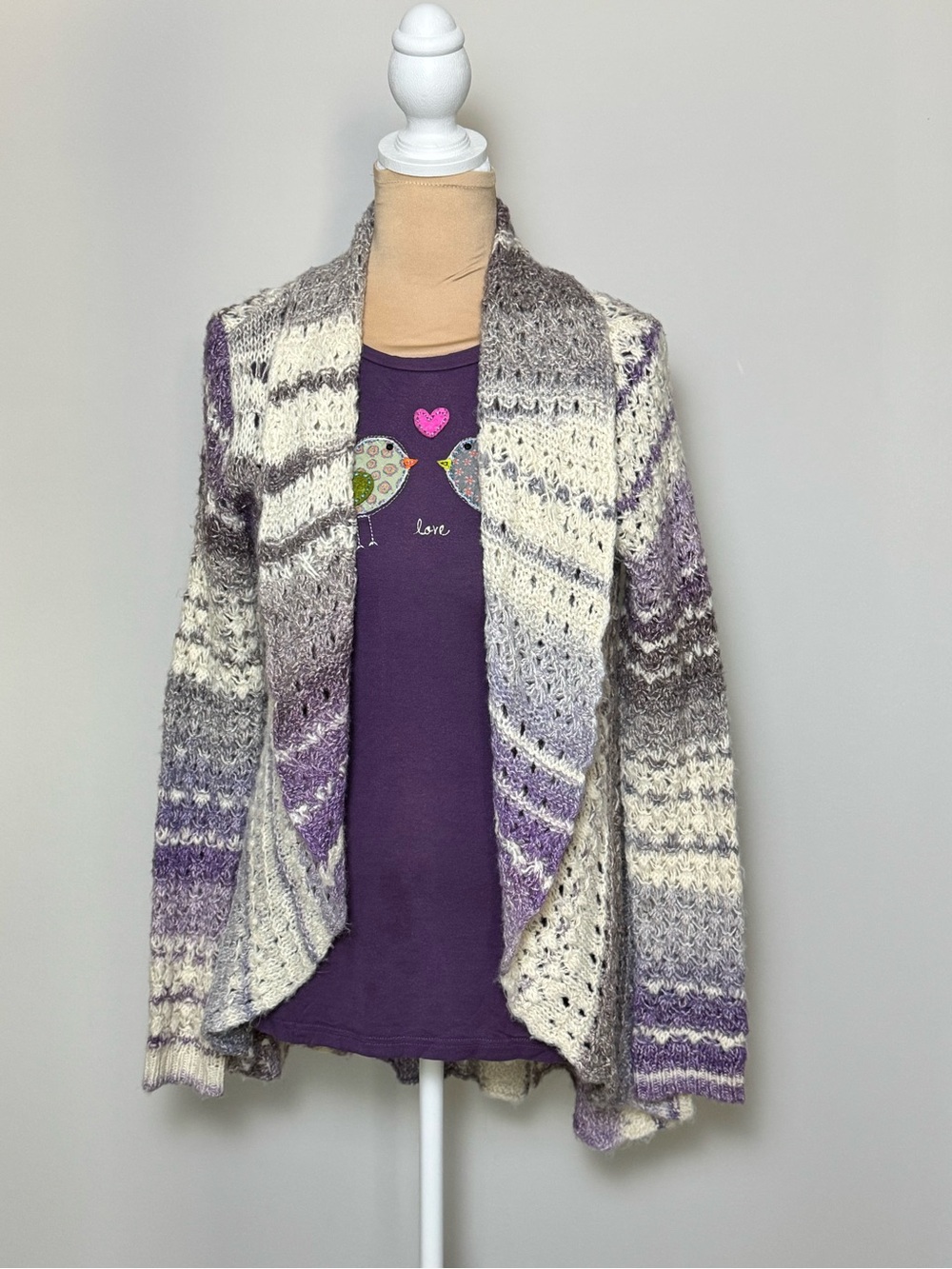 Leo & Nicole Purple and Cream Ombre Open-Front Knit Cardigan Fall Winter